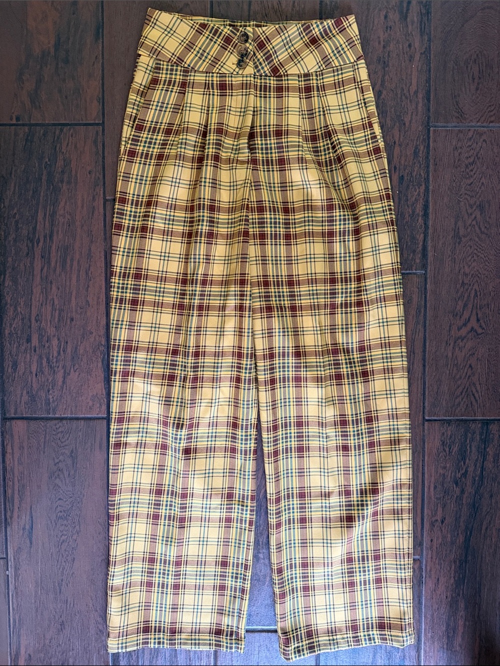 Anthropologie Yellow Plaid Skirt with Burgundy & Blue Lines